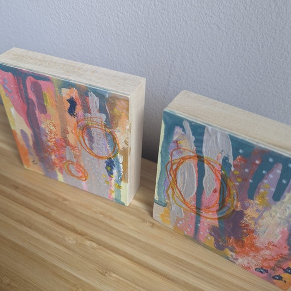 Pair abstract acrylic mixed media paintings on wood panels colourful original - Picture 3 of 3